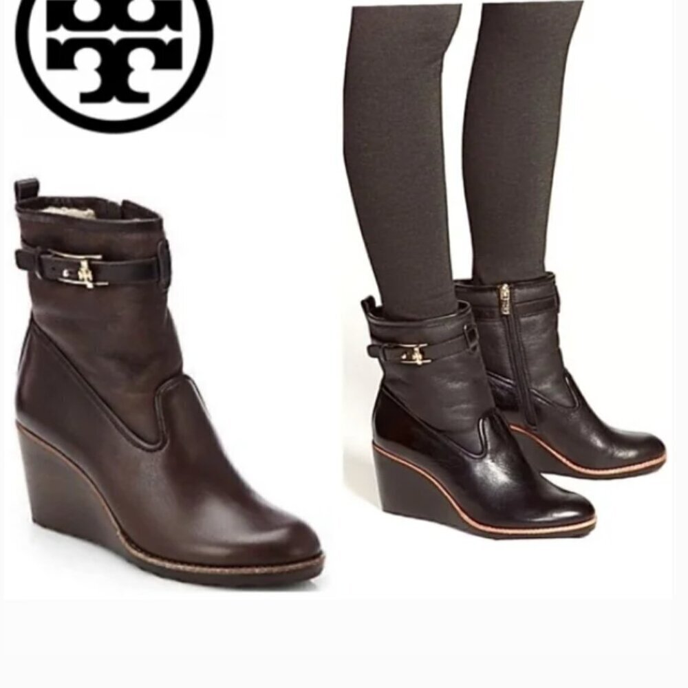Tory Burch Primrose Lamb Leather Shearling Wedge Ankle Boots - Size 6.5